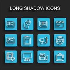 Set line Play Video, Cinema auditorium with seats, 3D word, camera, Retro tv, SD card, Film reel and Megaphone icon. Vector