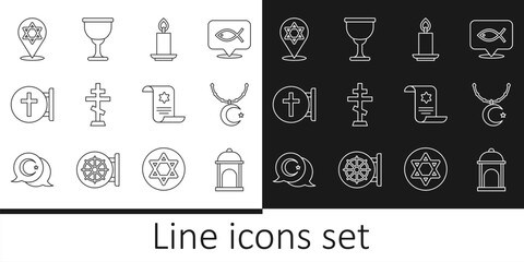 Set line Muslim Mosque, Star and crescent on chain, Burning candle, Christian cross, of David, Torah scroll and Holy grail chalice icon. Vector