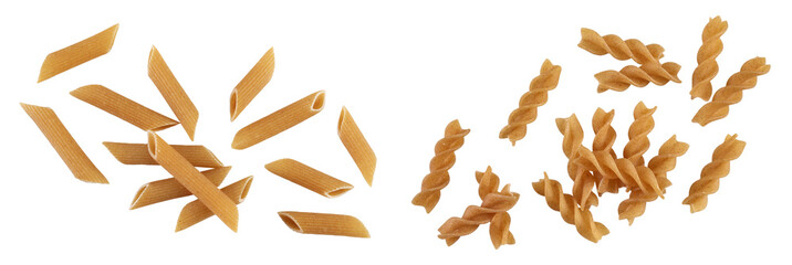 Wolegrain penne and fusilli pasta from durum wheat isolated on white background with  full depth of field. Top view. Flat lay,