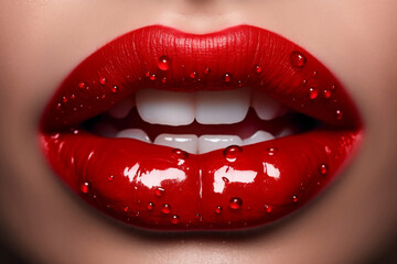 Close up of woman's red lips with water droplets