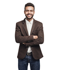 Portrait of handsome smiling young man with folded arms isolated transparent PNG, Joyful cheerful businessman with crossed hands studio shot - obrazy, fototapety, plakaty