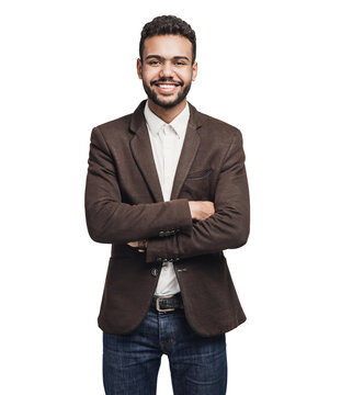 Portrait of handsome smiling young man with folded arms isolated transparent PNG, Joyful cheerful businessman with crossed hands studio shot