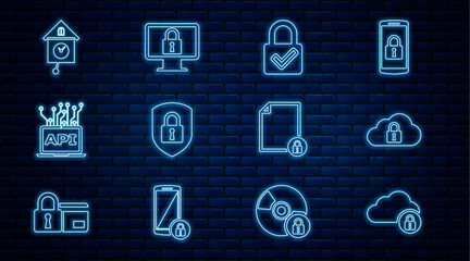 Set line Cloud computing lock, Lock and check mark, Shield security with, Computer api interface, Retro wall watch, Document and on monitor icon. Vector