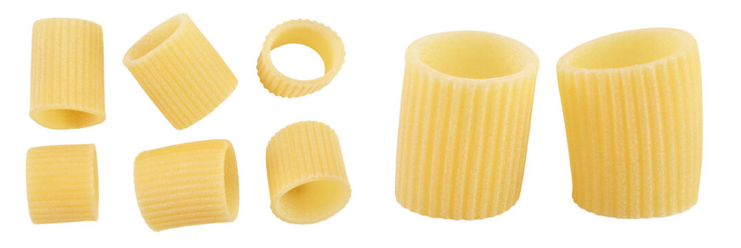 raw italian pasta isolated on white background  . Mezze Maniche Rigate Bronze die. Top view. Flat lay. Set or collection