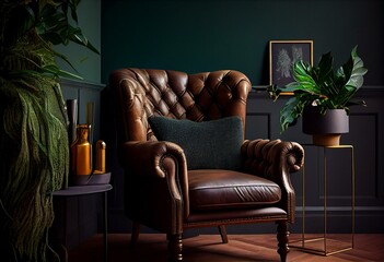 Living room with dark brown armchair on empty dark green wall background. Generative AI
