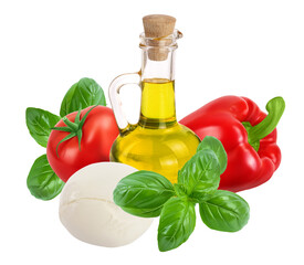 salad ingredients isolated on white background. Olive oil, tomato, sweet pepper, mozzarella and basil