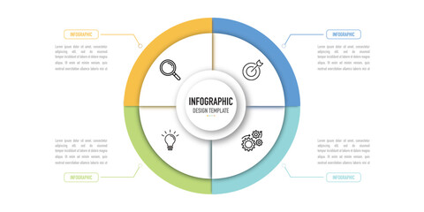 Circular infographic business template or element as a vector on white background with colorful label and icons, for slide and presentation, minimal, simple or modern style, timeline, layer, pie
