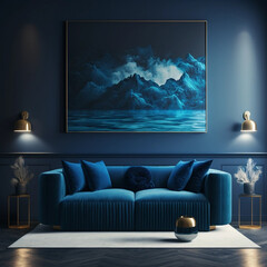Premium livingroom in blue tones trend. Empty wall for art blank background. Large dark blue couch with navy walls. Luxury lounge room design or reception hall or office space.
