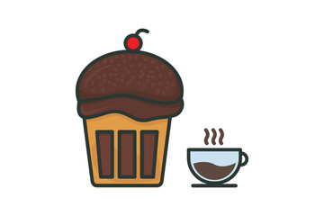 Coffee and cake icon illustration. icon related to coffee element, coffee break. Lineal color icon style, flat line. Simple vector design editable