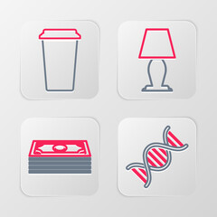 Set line DNA symbol, Stacks paper money cash, Table lamp and Coffee cup icon. Vector