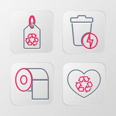 Set line Eco friendly heart, Toilet paper roll, Lightning with trash can and Tag recycle icon. Vector