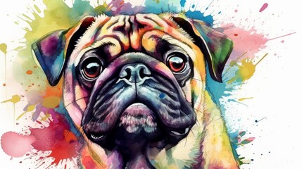 watercolor portrait painting of pug dog puppy - obrazy, fototapety, plakaty