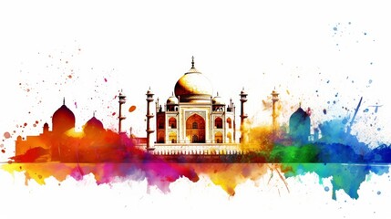 Taj mahal painted  watercolor. aquarel drops streaks landmarks with rainbow tones.