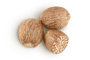 nutmeg isolated on white background with full depth of field. Top view. Flat lay