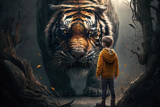 Kid Facing A Tiger Illustration Generative Ai