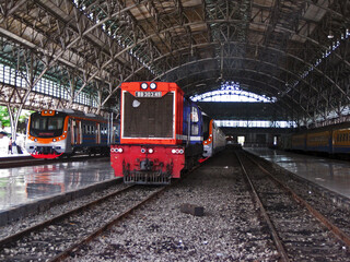 Fototapeta na wymiar The Diesel Locomotive and The Electric Commuter Trains in The Old Terminus Station