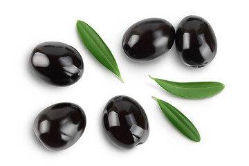 Black olives with leaves isolated on a white background with full depth of field. Top view. Flat lay