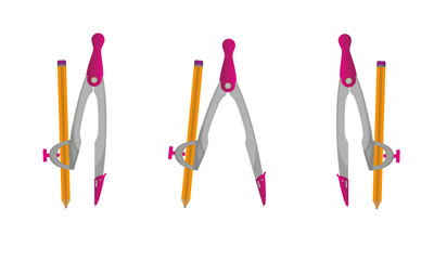 Stationery compass, three options on a white background, vector illustration.