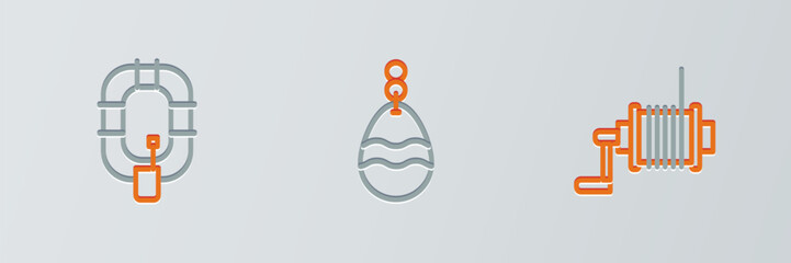 Set line Spinning reel for fishing, Inflatable boat and Fishing spoon icon. Vector