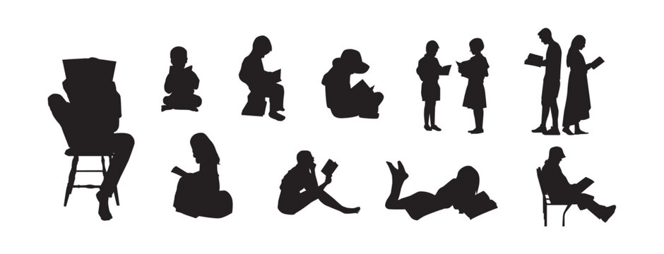 People reading book silhouette. People with a book