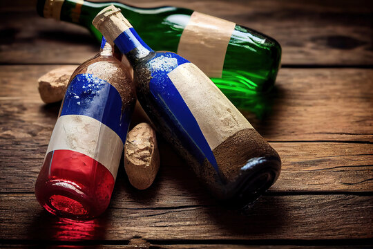 French flags on a french champagne bottle cork on an old wooden table. Generative Ai