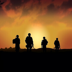 Fototapeta na wymiar Silhouettes of Army soldiers walking at dusk.