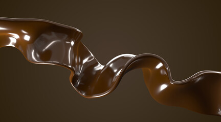 Chocolate wave with liquid texture 3d render. Flow of dark cacao or coffee, brown melted glossy glaze, ganache sauce or syrup, isolated sweet choco in motion, design element. 3D illustration