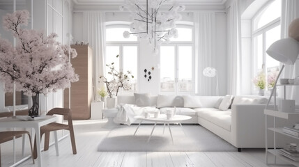 modern white interior design with spring decoration. Generative ai