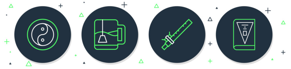 Set line Cup of tea with tea bag, Bamboo flute indian, Yin Yang and India constitution day icon. Vector