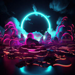 3D render, abstract vibrant neon background with circular geometric shapes  created with Generative AI