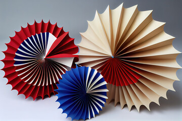 Vibrant red white and blue paper fans with stars. For 4th of July, Memorial day. Generative Ai