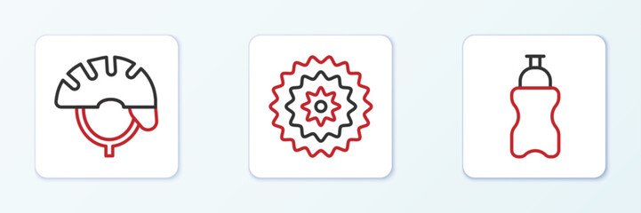 Set line Sport bottle with water, Bicycle helmet and cassette icon. Vector