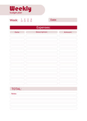 Weekly personal monthly budget planner, vector illustration