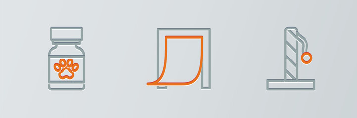 Set line Cat scratching post, Medicine bottle and pills and Door for pet icon. Vector