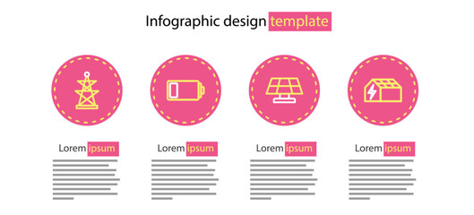 Set line Solar energy panel, Battery and Electric tower icon. Vector