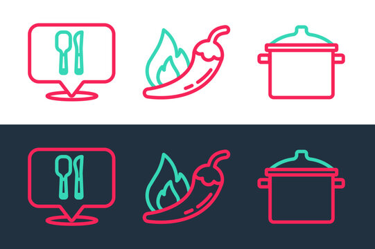 Set Line Cooking Pot, Cafe And Restaurant Location And Hot Chili Pepper Pod Icon. Vector