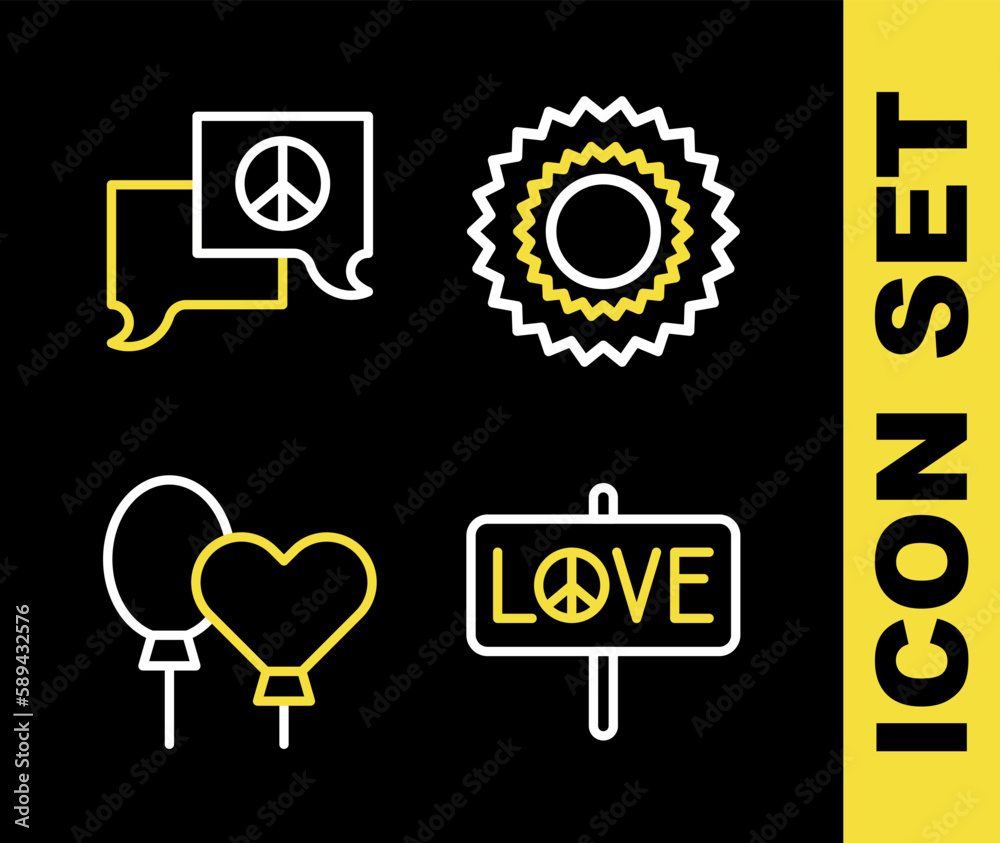 Sticker set line sun, peace, balloons and speech bubble chat icon. vector