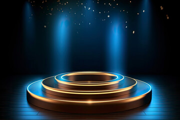 3D podium platform golden ring circles lighting effect backdrop with spotlight on blue stage background