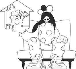 Girl grasps IoT logo, in vector linear design