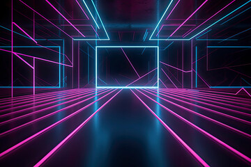 abstract neon background with pink and blue neon lines and reflection on the floor