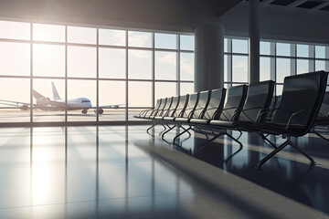 Travel and holidays concept with side view on light empty seat rows in sunlit spacious airport