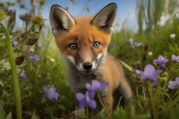 Little Cute fox in the grass Generative AI