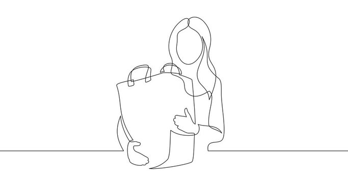 Animation of an image drawn with a continuous line. Girl with a paper bag. Woman with food package. Housewife with shopping.
