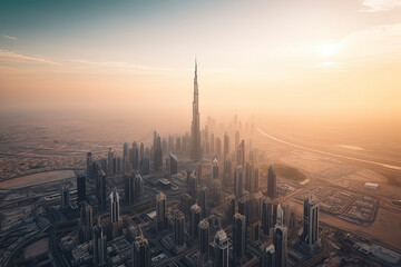 Aerial view of Dubai city in sunset light