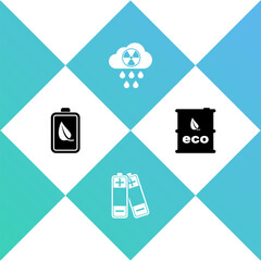 Set Eco nature leaf and battery, Battery, Acid rain radioactive cloud and Bio fuel barrel icon. Vector