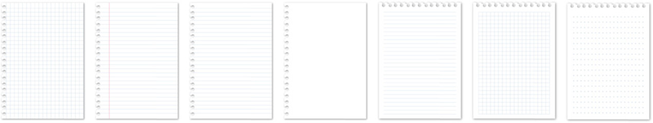 Realistic lined notepapers. Blank gridded notebook papers for homework and exercises. Grid page notebook with margin. Vector EPS 10 and PNG