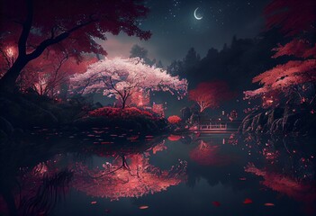Fototapeta na wymiar Sakura garden ethereal dreamy night landscape. Beautiful 4k wallpaper. AI. Generative AI