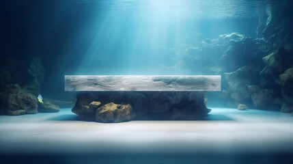 underwater scene with empty stone pedestal for product display. Generative ai