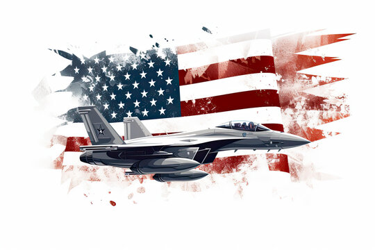 American flag with military fighter jets isolated on white background ,Symbols of USA , template for banner,card,advertising ,promote