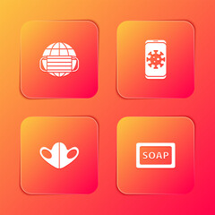 Set Earth with medical mask, Virus statistics on mobile, Medical protective and Bar of soap icon. Vector